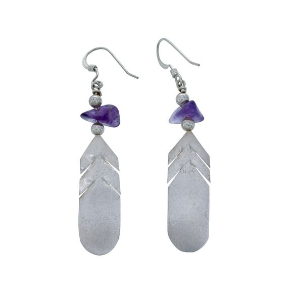 Vintage LHTC Sterling Silver 925 Amethyst Feather Dangle Earrings - Picture 2 of 5